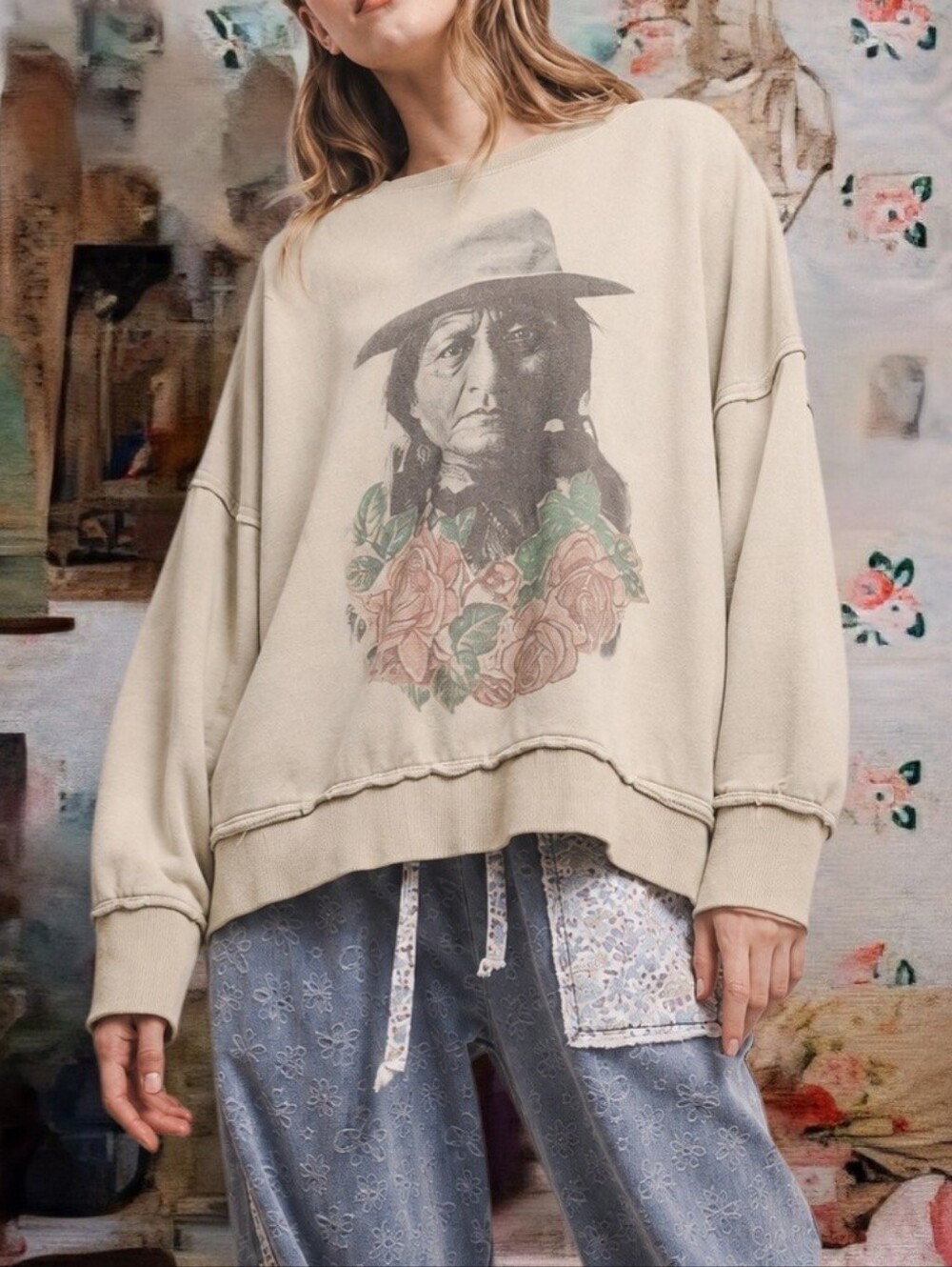 Magnolia Look Free Style Native Graphic Loose Sweater Boho Sweatshirt Top M New